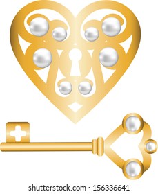 Background with gold skeleton key and lock shaped heart