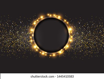 Background with gold spangles .Shining circle light banner.Golden frame vector.	