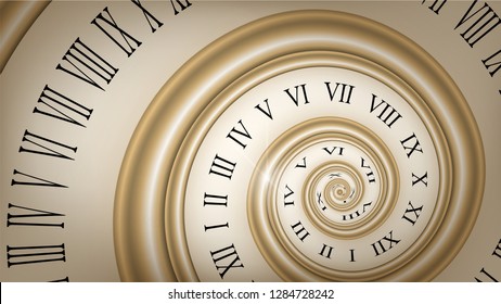 Background with gold spiral dial, clock. Time, eternity metaphor