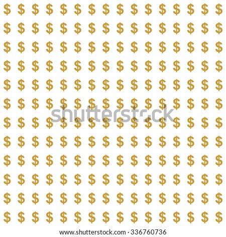 Background with a gold symbol of the US dollar in a row and under each other on a white background