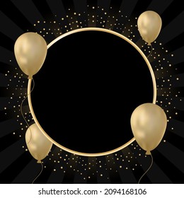 Background with golden air balloons, confetti, sparkles and text space. Template for invitation, greeting card, banner or flyer. Festive design. Vector illustration.
