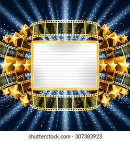 Background With Golden Banner And Film Strip, And With Shooting Stars. EPS 10 Contains Transparency.