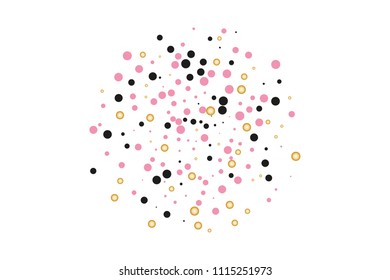 Background with Golden, black and pink glitter, confetti. Random Polka dots, circles, round. Bright festive, festival pattern for party invites, wedding, cards, phone Wallpapers. Vector illustration