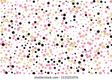 Background with Golden, black and pink glitter, confetti. Random Polka dots, circles, round. Bright festive, festival pattern for party invites, wedding, cards, phone Wallpapers. Vector illustration