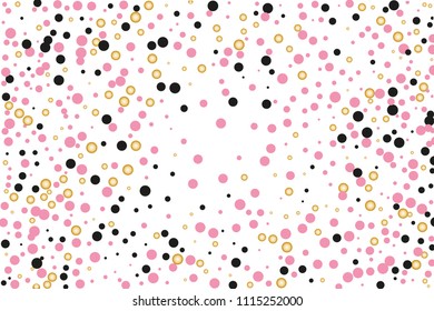 Background with Golden, black and pink glitter, confetti. Random Polka dots, circles, round. Bright festive, festival pattern for party invites, wedding, cards, phone Wallpapers. Vector illustration