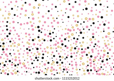 Background with Golden, black and pink glitter, confetti. Random Polka dots, circles, round. Bright festive, festival pattern for party invites, wedding, cards, phone Wallpapers. Vector illustration