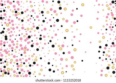 Background with Golden, black and pink glitter, confetti. Random Polka dots, circles, round. Bright festive, festival pattern for party invites, wedding, cards, phone Wallpapers. Vector illustration