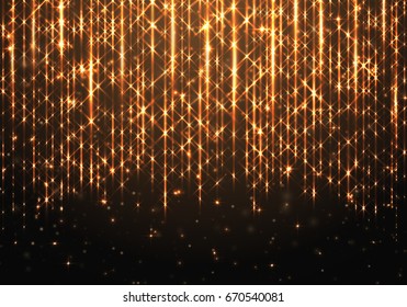 Background with golden bright falling sparks for the Christmas decoration of greetings and cards. Vector ornaments for celebrating the new year on a black backdrop.
