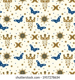 Background of golden butterflies in a circle of stars and the sun. A pattern with illustrations of winged birds. For textiles with winged moths in a circle of stars. Vector illustration