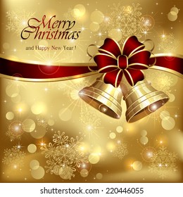 Background with golden Christmas bells, red bow and snowflakes, illustration.