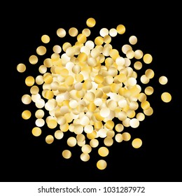 Background with Golden Confetti Isolated on Black Festive Pattern with Glitter for Christmas and New Year Decoration, Birthday Invitation, Poster or Greeting Card. Wreath of Gold Confetti.