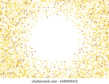 Background with Golden glitter, confetti. Gold polka dots, circles, round. Typographic design. Bright festive, festival pattern for party invites, wedding, cards, phone Wallpapers. Vector illustration