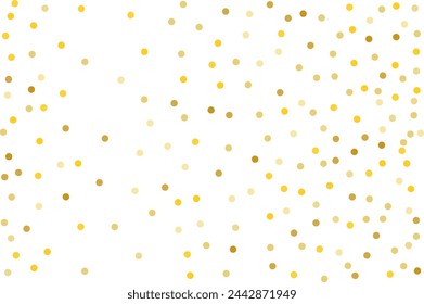 Fondo con brillo dorado, confeti. Lunares dorados, círculos, redondos. Diseño tipográfico. Fiesta brillante, patrón de festival para invitaciones de fiesta, boda, tarjetas, teléfono Fondos de pantalla. Ilustración de vector