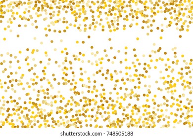 Background with Golden glitter, confetti. Gold polka dots, circles, round. Typographic design. Bright festive, festival pattern for party invites, wedding, cards, phone Wallpapers. Vector illustration