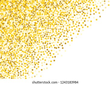 Background with Golden glitter, confetti of the same diameter Gold polka dots, circles, round. Typographic design. Bright festive, festival pattern for party invites, wedding, cards, phone Wallpapers