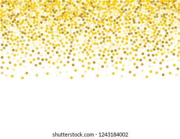 Background with Golden glitter, confetti of the same diameter Gold polka dots, circles, round. Typographic design. Bright festive, festival pattern for party invites, wedding, cards, phone Wallpapers