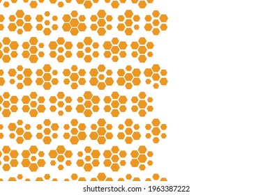 Antecedentes con formas doradas del peine de miel. Ilustración vectorial. Patrón con efecto de brillo. Textura de plantilla para invitación, afiche, tarjeta, banner, anuncios y otros. Copiar espacio.