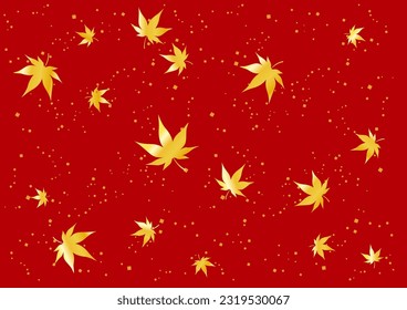 Background of golden maple leaves on red background