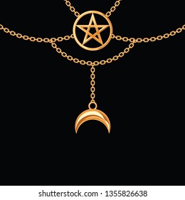 Background with golden metallic necklace. Pentagram pendant and chains. On black. Vector illustration.