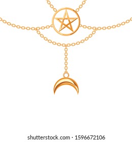 Background with golden metallic necklace. Pentagram pendant and chains. On white. Vector illustration