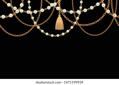 Background with golden metallic necklace. Tassel, pearls and chains. On black. Vector illustration