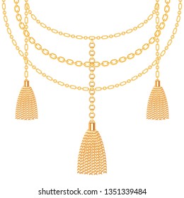 Background with golden metallic necklace. Tassels and chains. On white. Vector illustration.