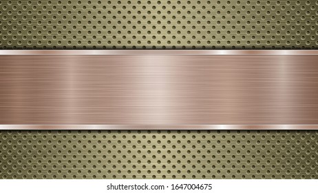 Fondo de superficie metálica dorada perforada con orificios y placa horizontal pulida de bronce con textura metálica, resplandor y bordes brillantes