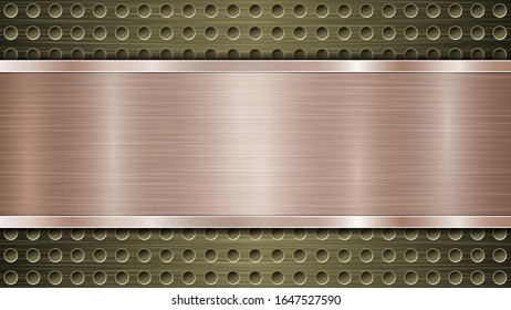 Background of golden perforated metallic surface with holes and horizontal bronze polished plate with a metal texture, glares and shiny edges