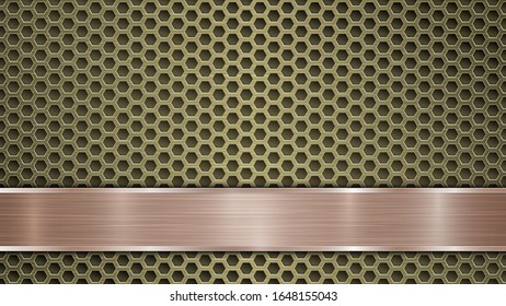 Fondo de superficie metálica dorada perforada con orificios y placa horizontal pulida de bronce con textura metálica, resplandor y bordes brillantes