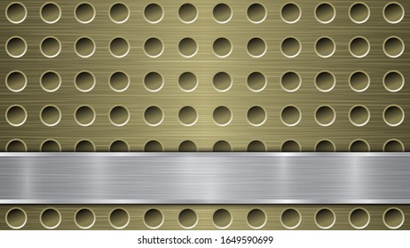 Background of golden perforated metallic surface with holes and silver horizontal polished plate with a metal texture, glares and shiny edges