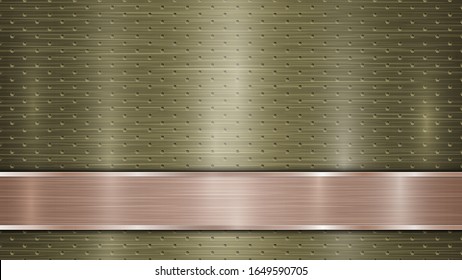 Hintergrund goldgelochter metallischer Oberfläche mit Löchern und horizontal polierter Bronzeteller mit Metallstruktur, Glasscheiben und glänzenden Kanten