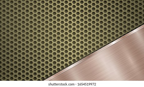 Background of golden perforated metallic surface with holes and angled bronze polished plate with a metal texture, glares and shiny edges