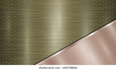 Fondo de superficie metálica dorada perforada con agujeros y placa enrollada de bronce pulida con textura metálica, resplandor y bordes brillantes
