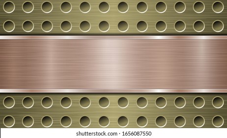 Background of golden perforated metallic surface with holes and horizontal bronze polished plate with a metal texture, glares and shiny edges