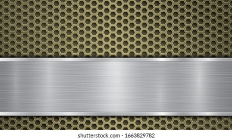 Background of golden perforated metallic surface with holes and silver horizontal polished plate with a metal texture, glares and shiny edges