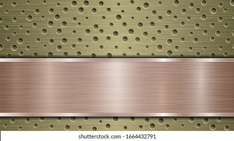 Background of golden perforated metallic surface with holes and horizontal bronze polished plate with a metal texture, glares and shiny edges