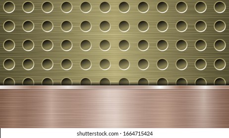 Background of golden perforated metallic surface with holes and horizontal bronze polished plate with a metal texture, glares and shiny edges