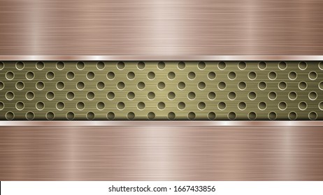 Background of golden perforated metallic surface with holes and two horizontal bronze polished plates with a metal texture, glares and shiny edges