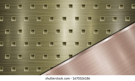 Fondo de superficie metálica dorada perforada con agujeros y placa enrollada de bronce pulida con textura metálica, resplandor y bordes brillantes