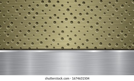 Background of golden perforated metallic surface with holes and silver horizontal polished plate with a metal texture, glares and shiny edges