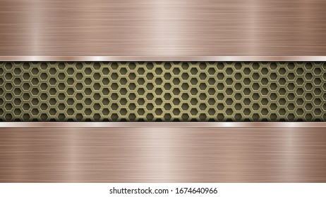 Background of golden perforated metallic surface with holes and two horizontal bronze polished plates with a metal texture, glares and shiny edges
