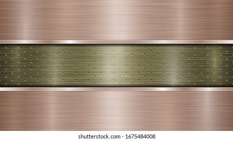 Fondo de superficie metálica dorada perforada con orificios y dos placas horizontales pulidas de bronce con textura metálica, glares y bordes brillantes