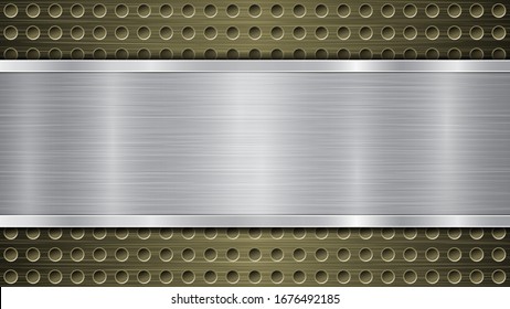 Background of golden perforated metallic surface with holes and silver horizontal polished plate with a metal texture, glares and shiny edges