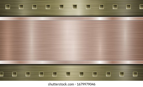 Fondo de superficie metálica dorada perforada con orificios y placa horizontal pulida de bronce con textura metálica, resplandor y bordes brillantes
