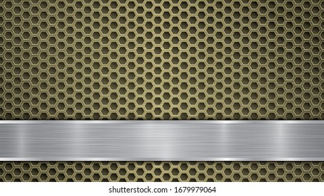 Hintergrund goldgelochter metallischer Oberfläche mit Löchern und glänzender, horizontaler polierter silberner Platte mit Metallstruktur, Glasseisen und glänzenden Kanten