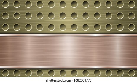 Background of golden perforated metallic surface with holes and horizontal bronze polished plate with a metal texture, glares and shiny edges