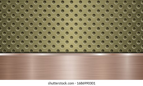 Background of golden perforated metallic surface with holes and horizontal bronze polished plate with a metal texture, glares and shiny edges