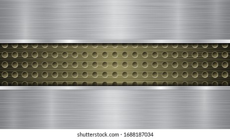 Background of golden perforated metallic surface with holes and two silver horizontal polished plates with a metal texture, glares and shiny edges