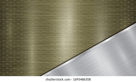 Background of golden perforated metallic surface with holes and angled silver polished plate with a metal texture, glares and shiny edges