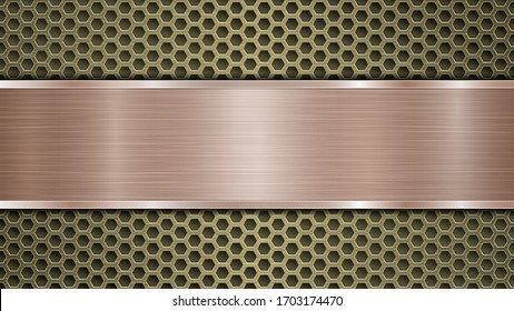 Background of golden perforated metallic surface with holes and horizontal bronze polished plate with a metal texture, glares and shiny edges